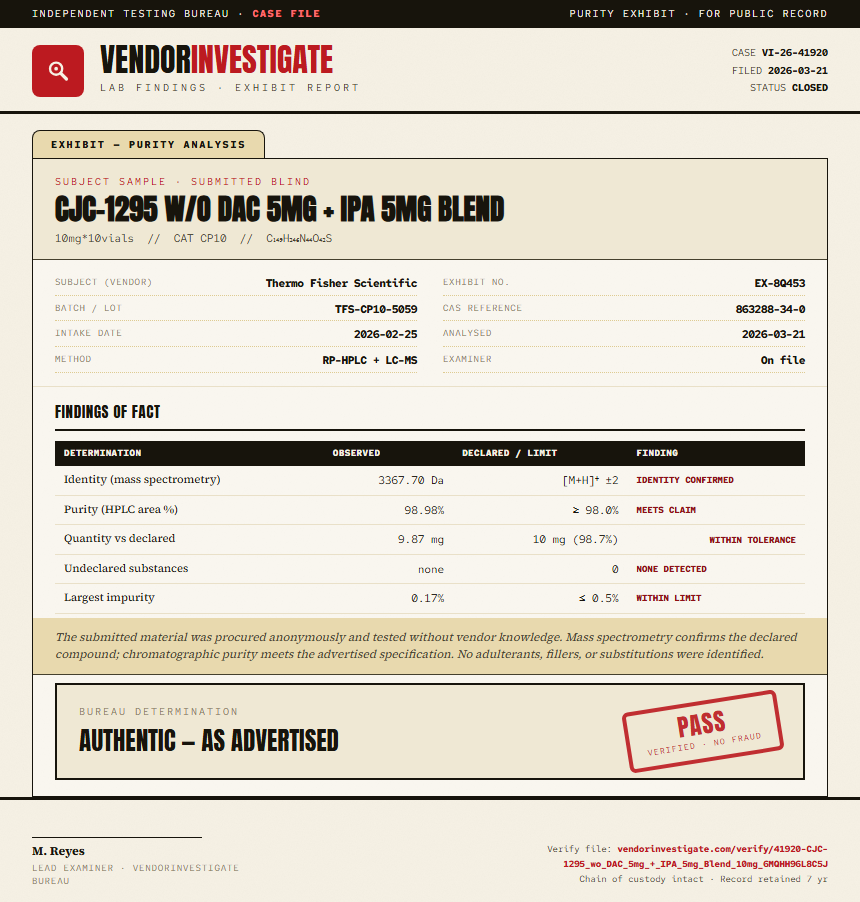 CJC-1295 w/o DAC 5mg + IPA 5mg Blend Purity (HPLC) report by VendorInvestigate