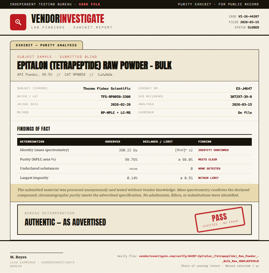 Epitalon (Tetrapeptide) Raw Powder - Bulk Purity (HPLC) report by VendorInvestigate